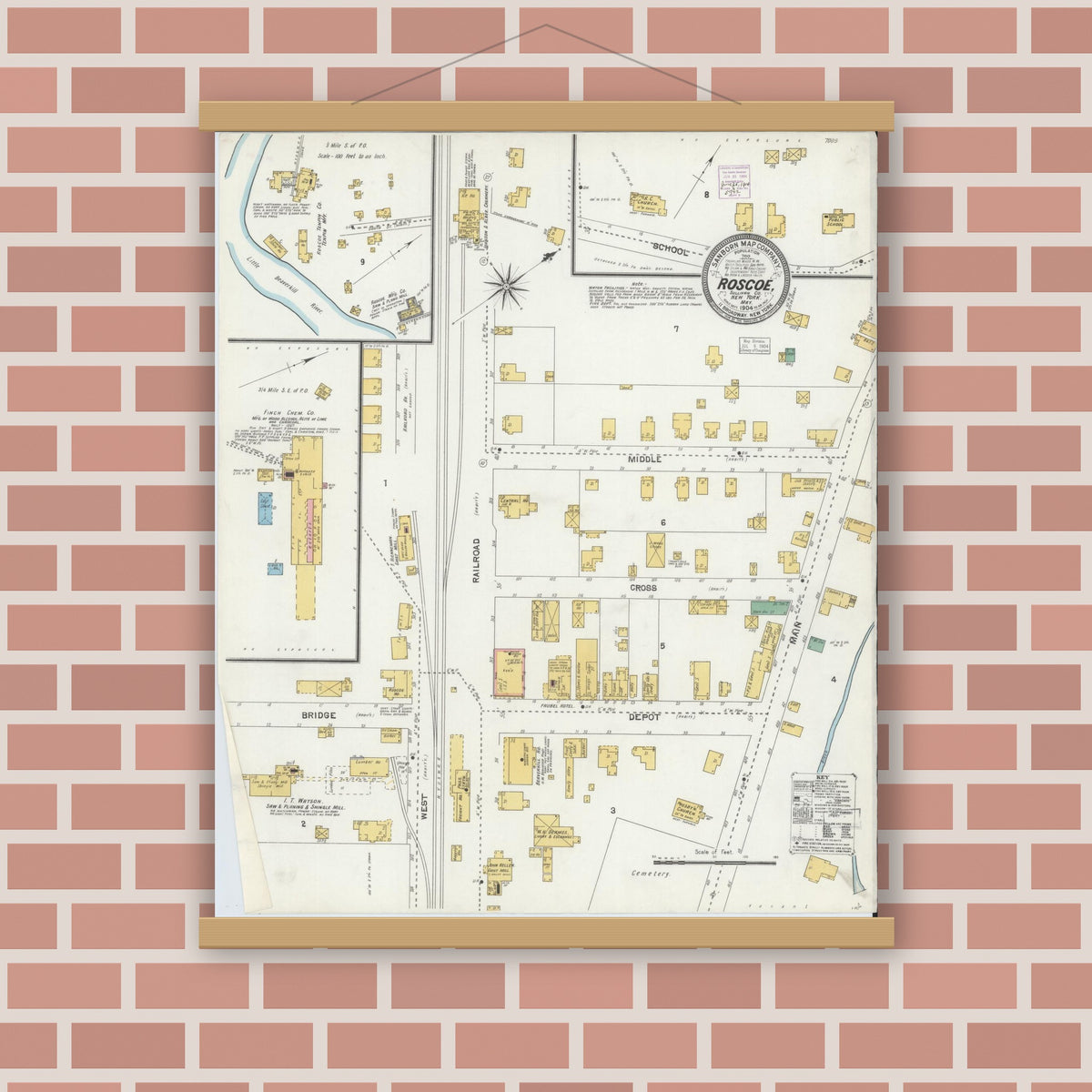 Old map wall art mockup — magnetic wood frame on brick wall — Sanborn Fire Insurance Map from Roscoe, Sullivan County, New York (1904), Sheet #0001