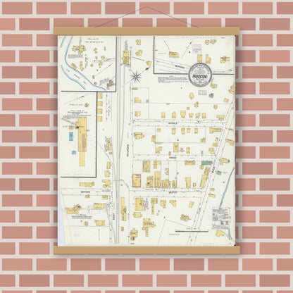 Old map wall art mockup — magnetic wood frame on brick wall — Sanborn Fire Insurance Map from Roscoe, Sullivan County, New York (1904), Sheet #0001