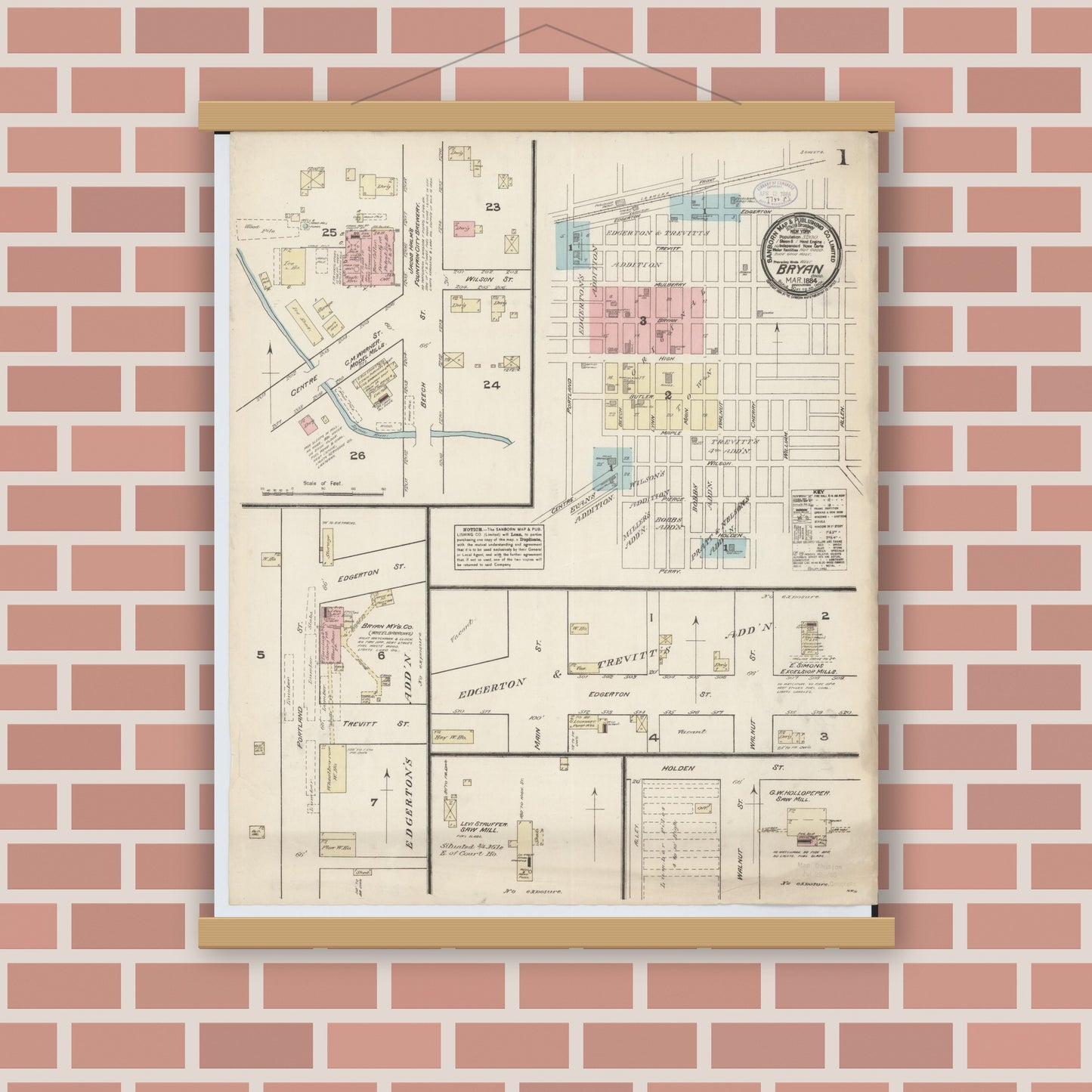 Old map wall art mockup — magnetic wood frame on brick wall — Sanborn Fire Insurance Map from Bryan, Williams County, Ohio (1884), Sheet #0001