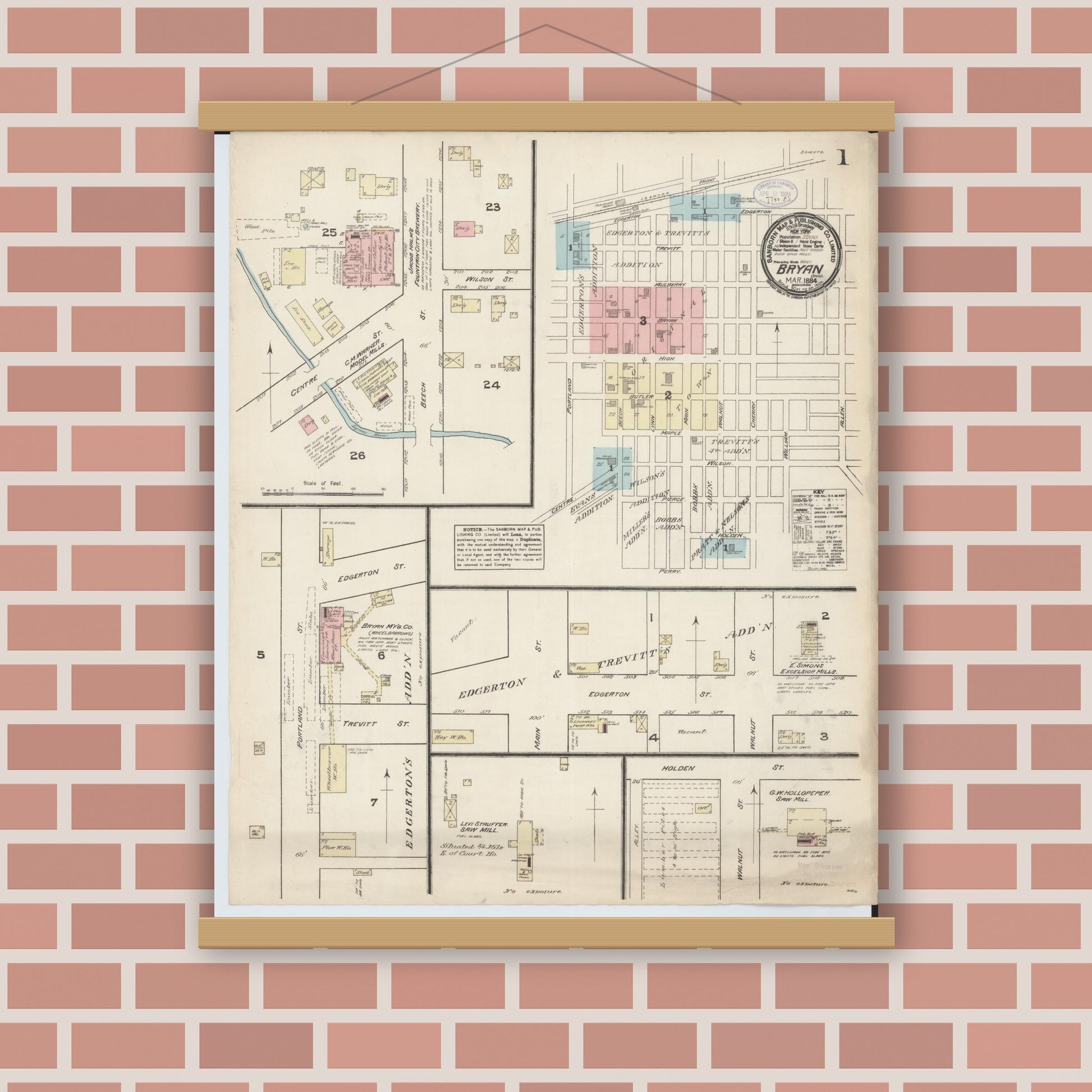 Old map wall art mockup — magnetic wood frame on brick wall — Sanborn Fire Insurance Map from Bryan, Williams County, Ohio (1884), Sheet #0001