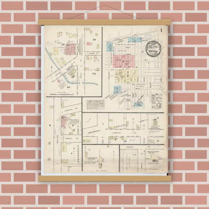 Old map wall art mockup — magnetic wood frame on brick wall — Sanborn Fire Insurance Map from Bryan, Williams County, Ohio (1884), Sheet #0001
