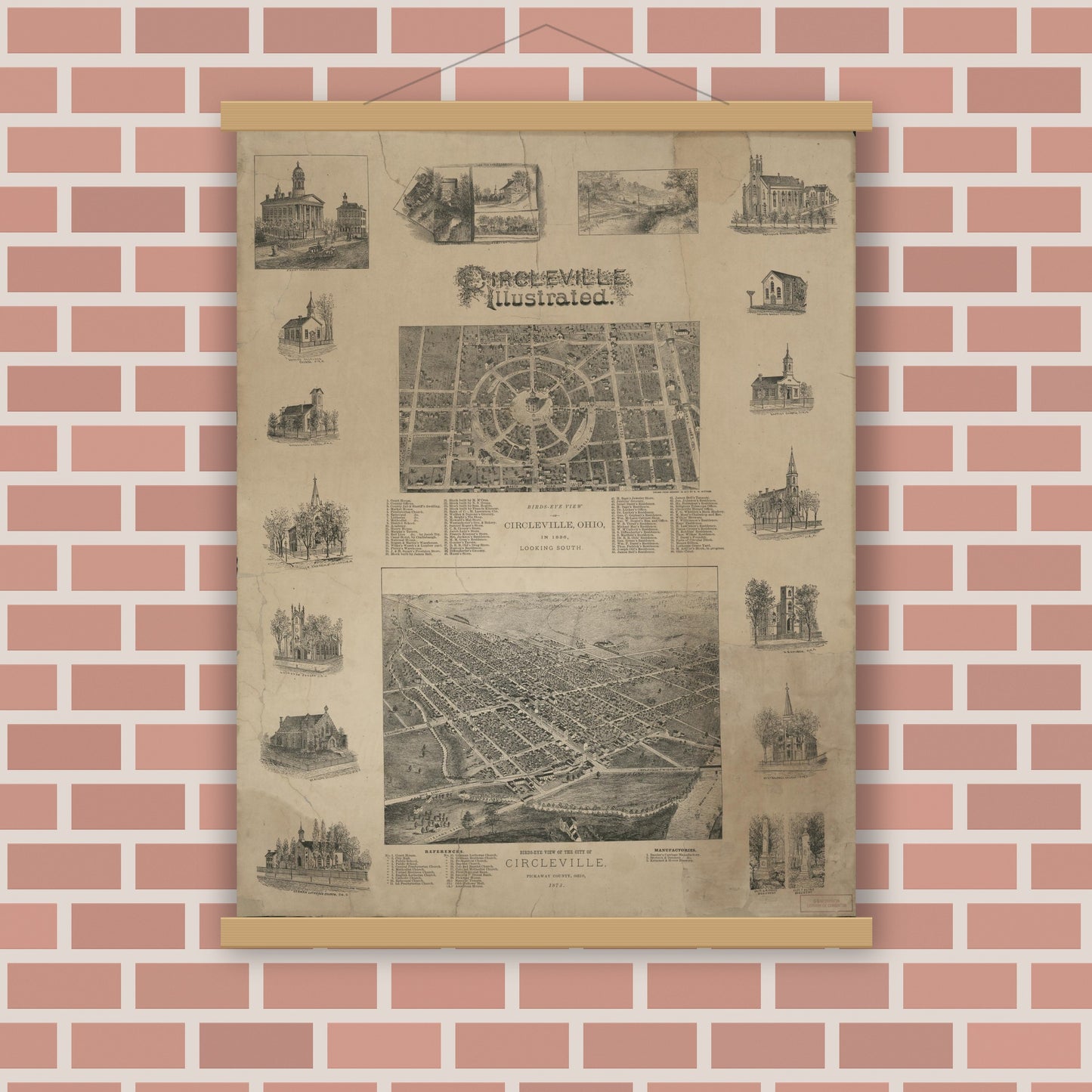 Old map wall art mockup — magnetic wood frame on brick wall — Circleville illustrated (1878)