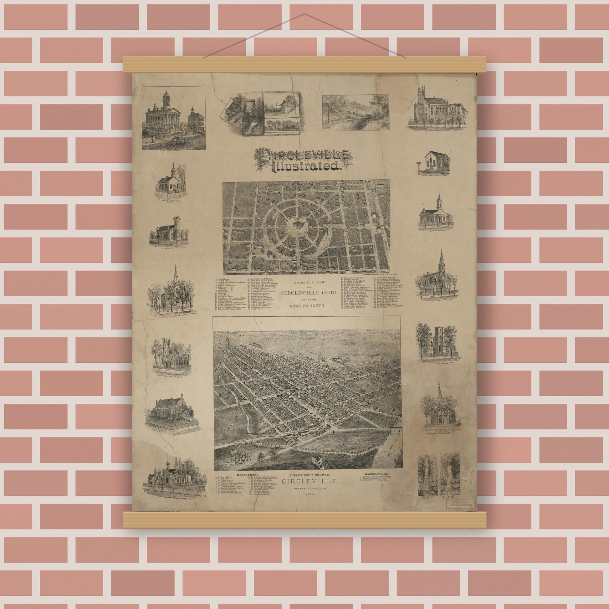 Old map wall art mockup — magnetic wood frame on brick wall — Circleville illustrated (1878)