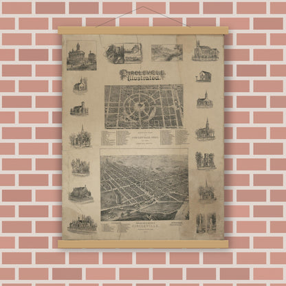 Old map wall art mockup — magnetic wood frame on brick wall — Circleville illustrated (1878)