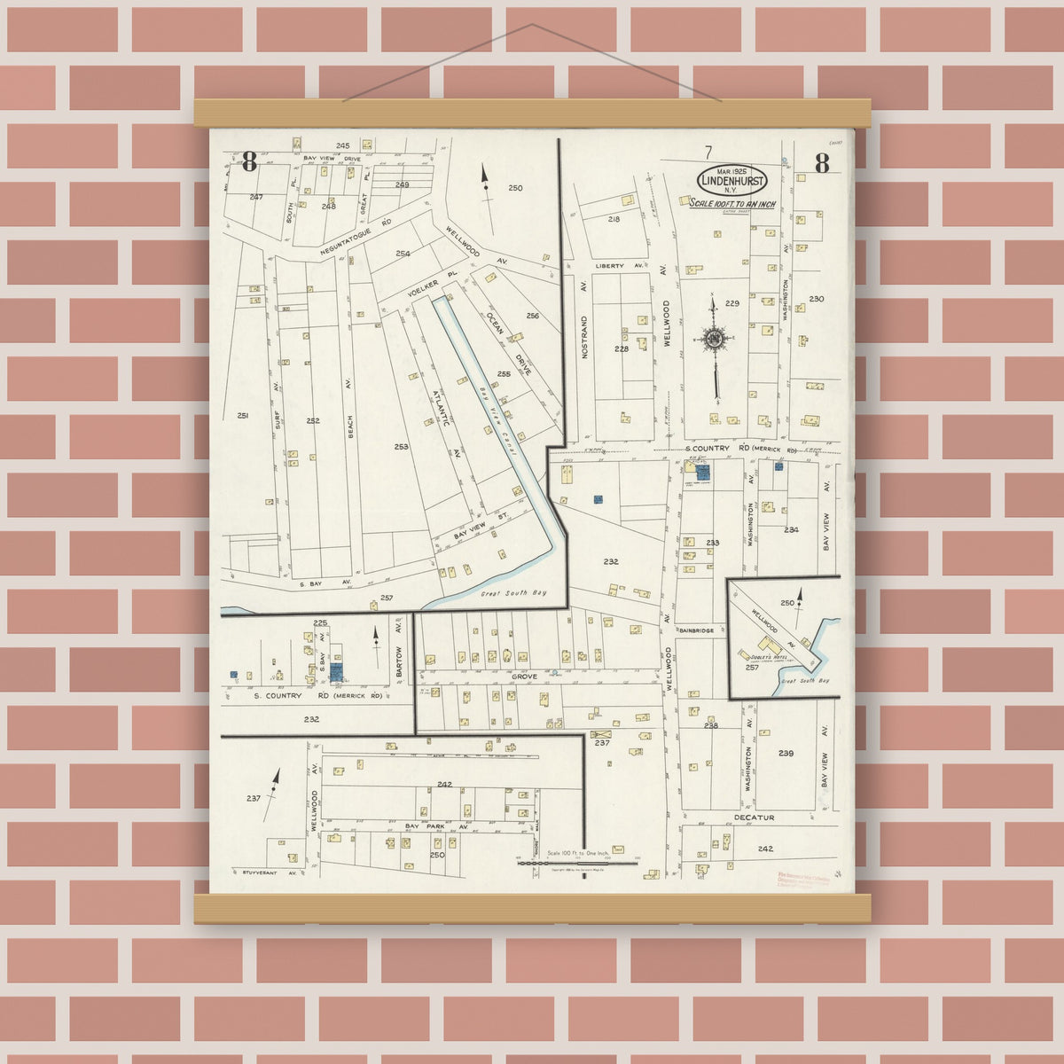 Old map wall art mockup — magnetic wood frame on brick wall — Sanborn Fire Insurance Map from Lindenhurst, Suffolk County, New York (1925), Sheet #0008