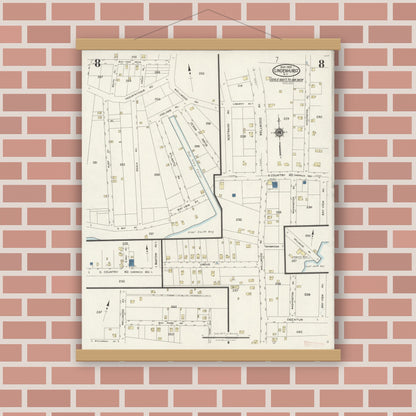 Old map wall art mockup — magnetic wood frame on brick wall — Sanborn Fire Insurance Map from Lindenhurst, Suffolk County, New York (1925), Sheet #0008