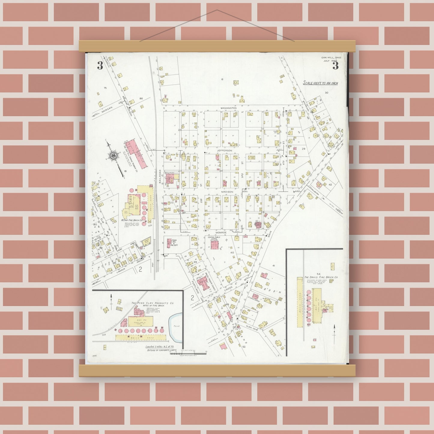 Old map wall art mockup — magnetic wood frame on brick wall — Sanborn Fire Insurance Map from Oak Hill, Jackson County, Ohio (1940), Sheet #0003