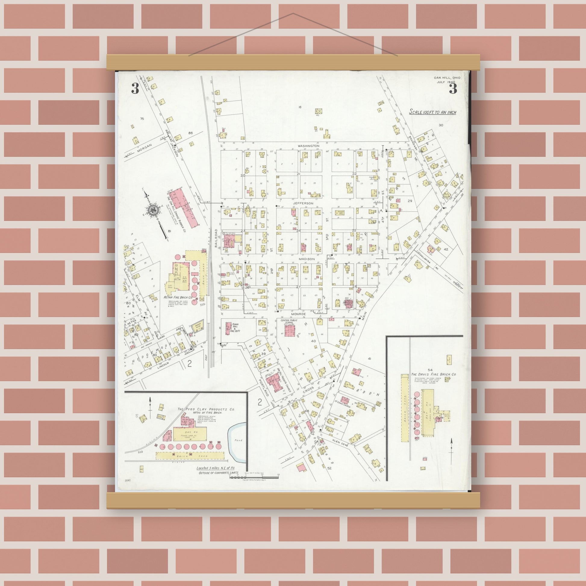 Old map wall art mockup — magnetic wood frame on brick wall — Sanborn Fire Insurance Map from Oak Hill, Jackson County, Ohio (1940), Sheet #0003