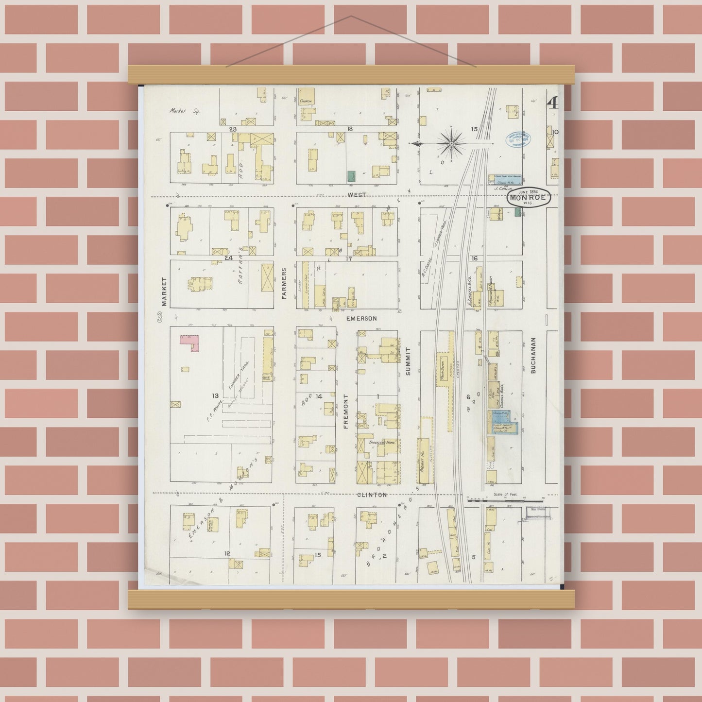 Old map wall art mockup — magnetic wood frame on brick wall — Sanborn Fire Insurance Map from Monroe, Green County, Wisconsin (1894), Sheet #0004