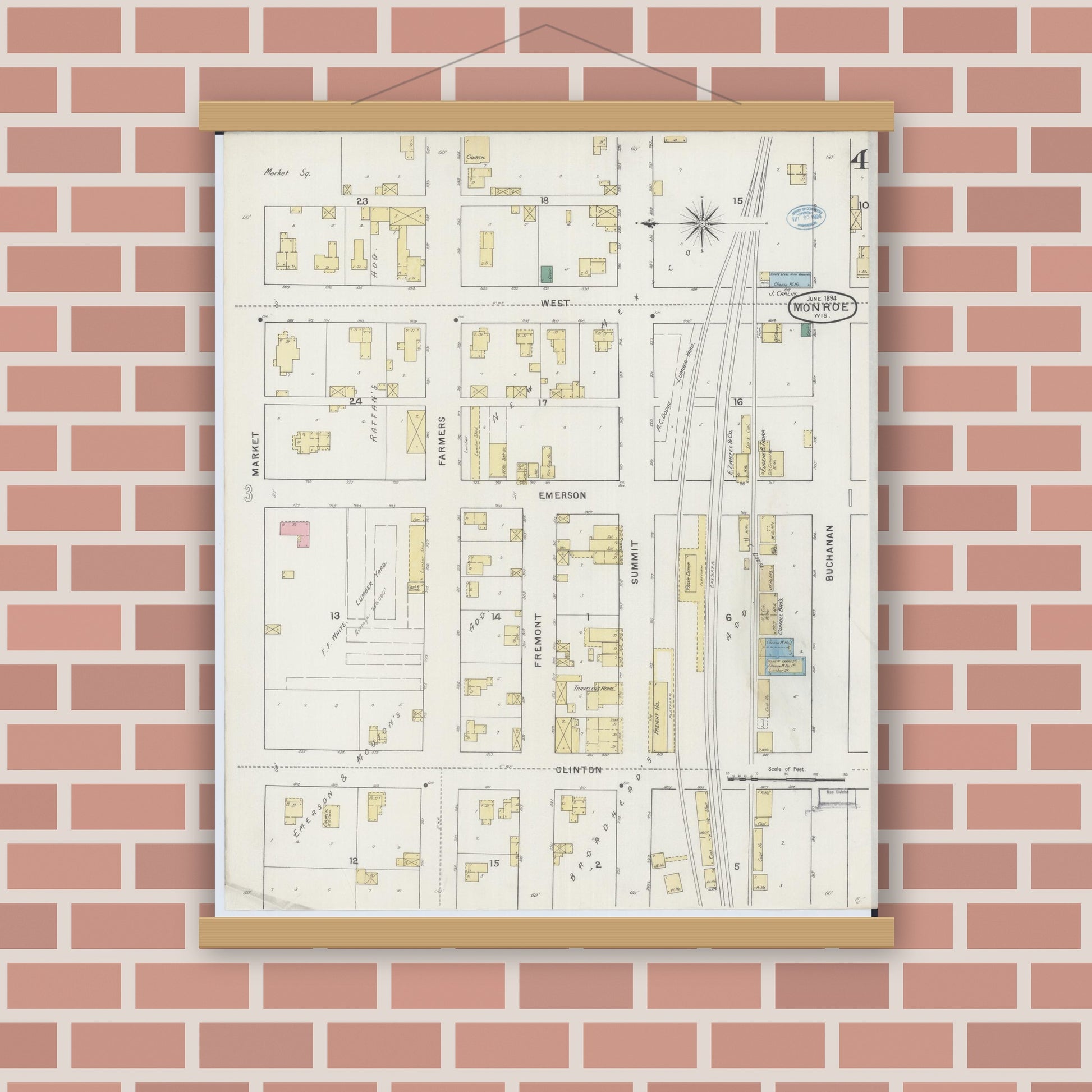 Old map wall art mockup — magnetic wood frame on brick wall — Sanborn Fire Insurance Map from Monroe, Green County, Wisconsin (1894), Sheet #0004