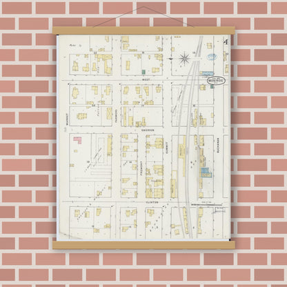 Old map wall art mockup — magnetic wood frame on brick wall — Sanborn Fire Insurance Map from Monroe, Green County, Wisconsin (1894), Sheet #0004