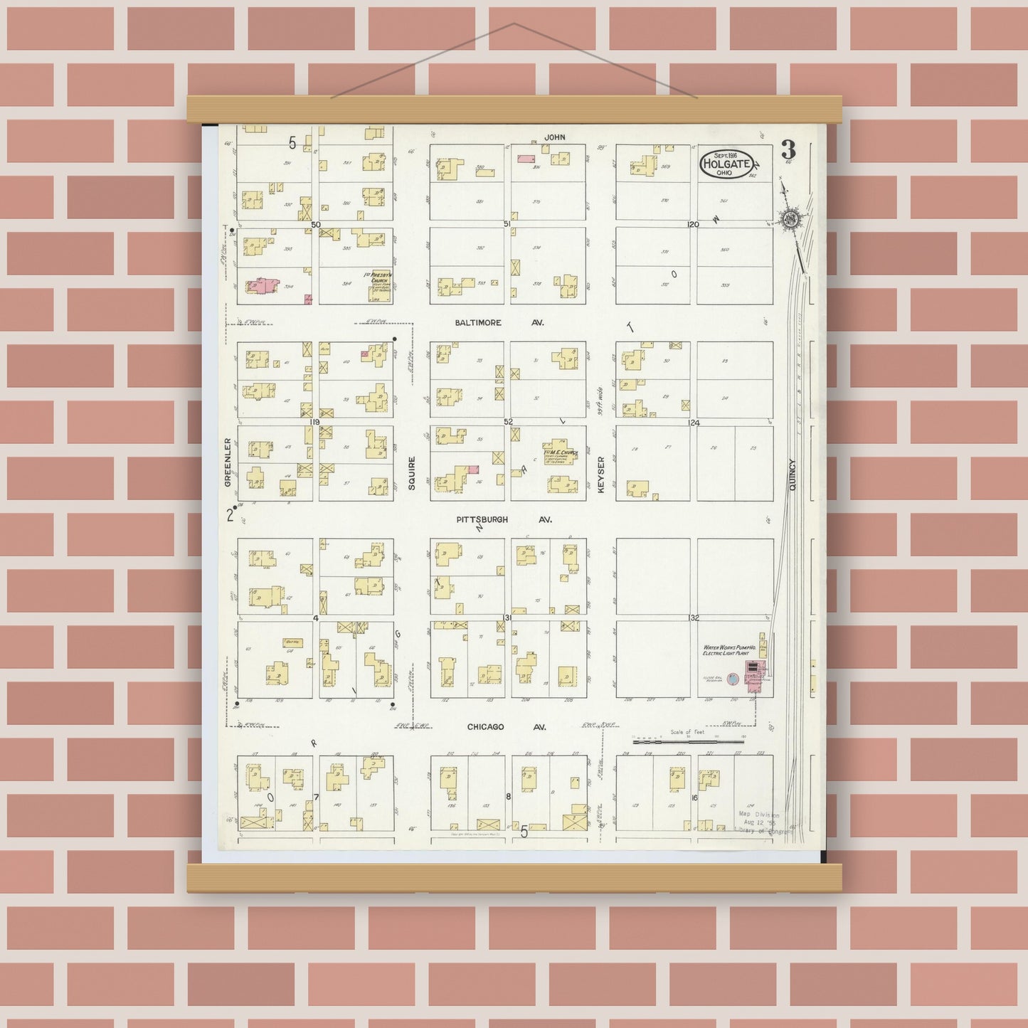 Old map wall art mockup — magnetic wood frame on brick wall — Sanborn Fire Insurance Map from Holgate, Henry County, Ohio (1916), Sheet #0003