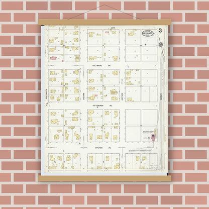 Old map wall art mockup — magnetic wood frame on brick wall — Sanborn Fire Insurance Map from Holgate, Henry County, Ohio (1916), Sheet #0003