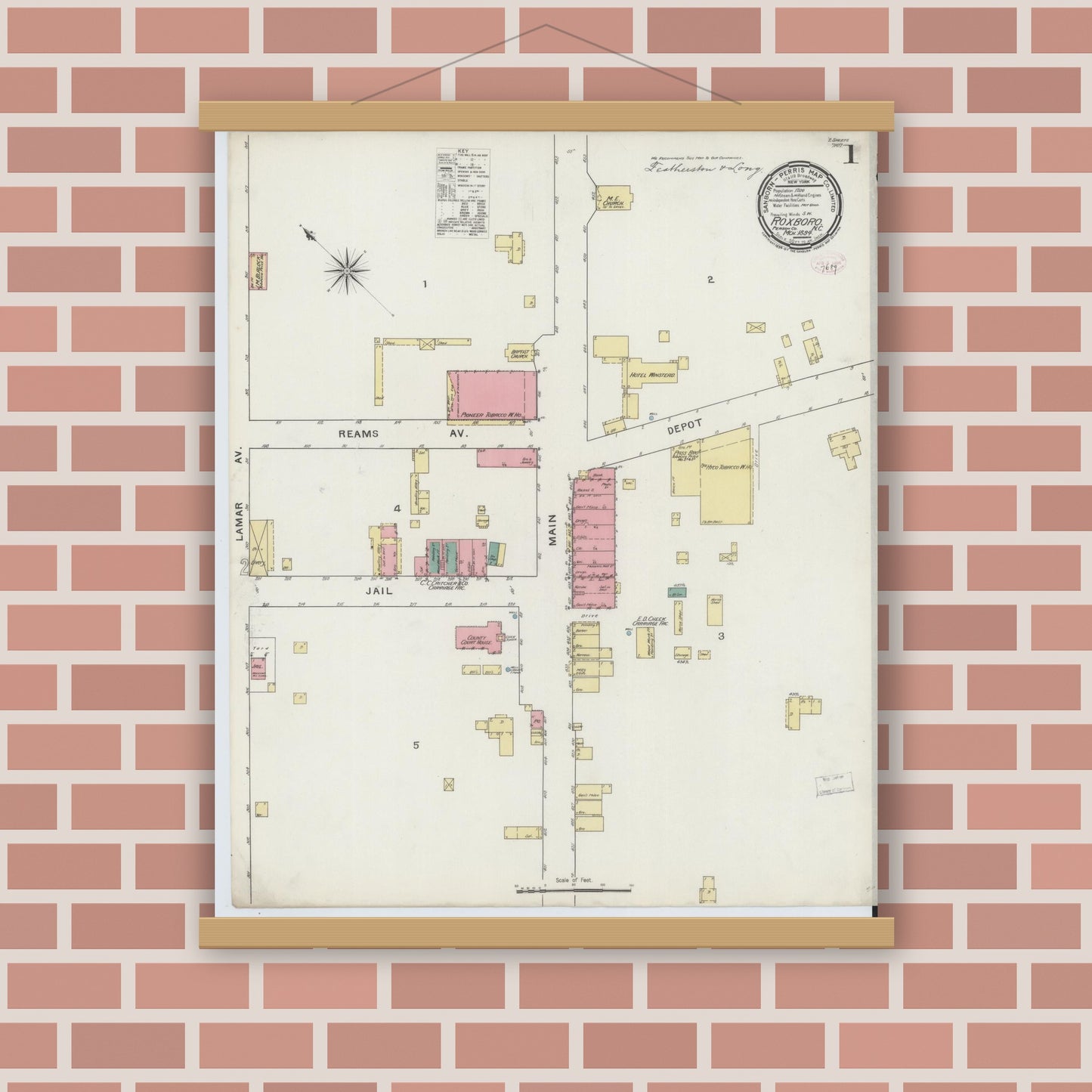 Old map wall art mockup — magnetic wood frame on brick wall — Sanborn Fire Insurance Map from Roxboro, Person County, North Carolina (1894) - Complete Map Set
