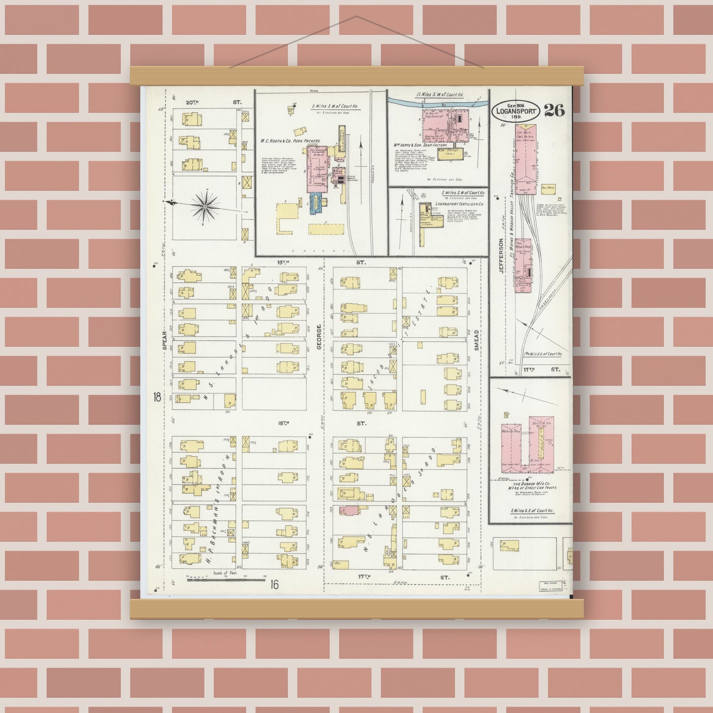 Old map wall art mockup — magnetic wood frame on brick wall — Sanborn Fire Insurance Map from Logansport, Cass County, Indiana (1906), Sheet #0026