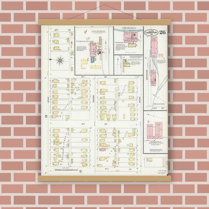 Old map wall art mockup — magnetic wood frame on brick wall — Sanborn Fire Insurance Map from Logansport, Cass County, Indiana (1906), Sheet #0026