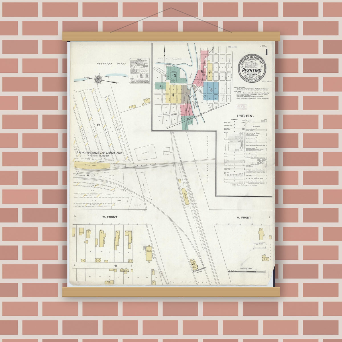 Old map wall art mockup — magnetic wood frame on brick wall — Sanborn Fire Insurance Map from Peshtigo, Marinette County, Wisconsin (1911), Sheet #0001