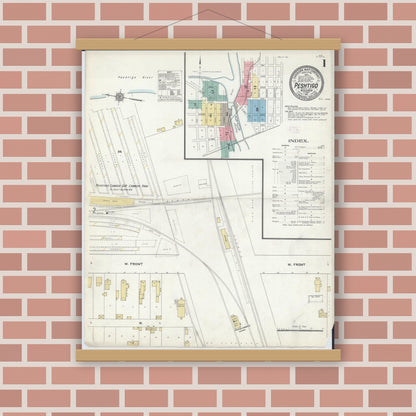 Old map wall art mockup — magnetic wood frame on brick wall — Sanborn Fire Insurance Map from Peshtigo, Marinette County, Wisconsin (1911), Sheet #0001