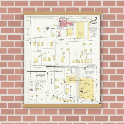 Old map wall art mockup — magnetic wood frame on brick wall — Sanborn Fire Insurance Map from Tyler, Smith County, Texas (1919), Sheet #0005