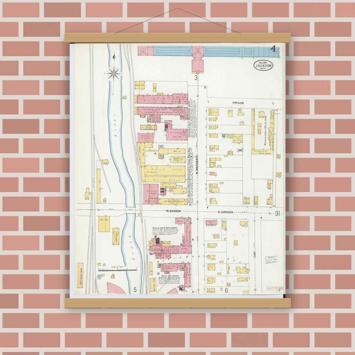 Old map wall art mockup — magnetic wood frame on brick wall — Sanborn Fire Insurance Map from Jackson, Jackson County, Michigan (1899), Sheet #0004