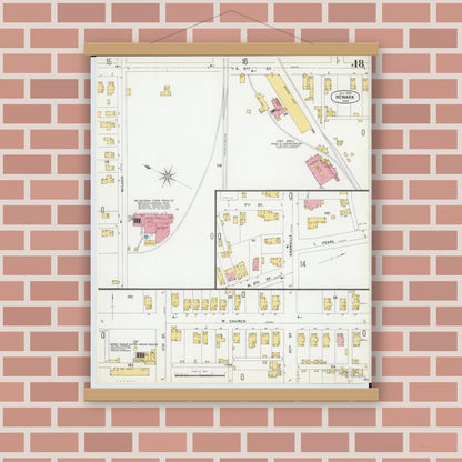 Old map wall art mockup — magnetic wood frame on brick wall — Sanborn Fire Insurance Map from Newark, Licking County, Ohio (1899), Sheet #0018