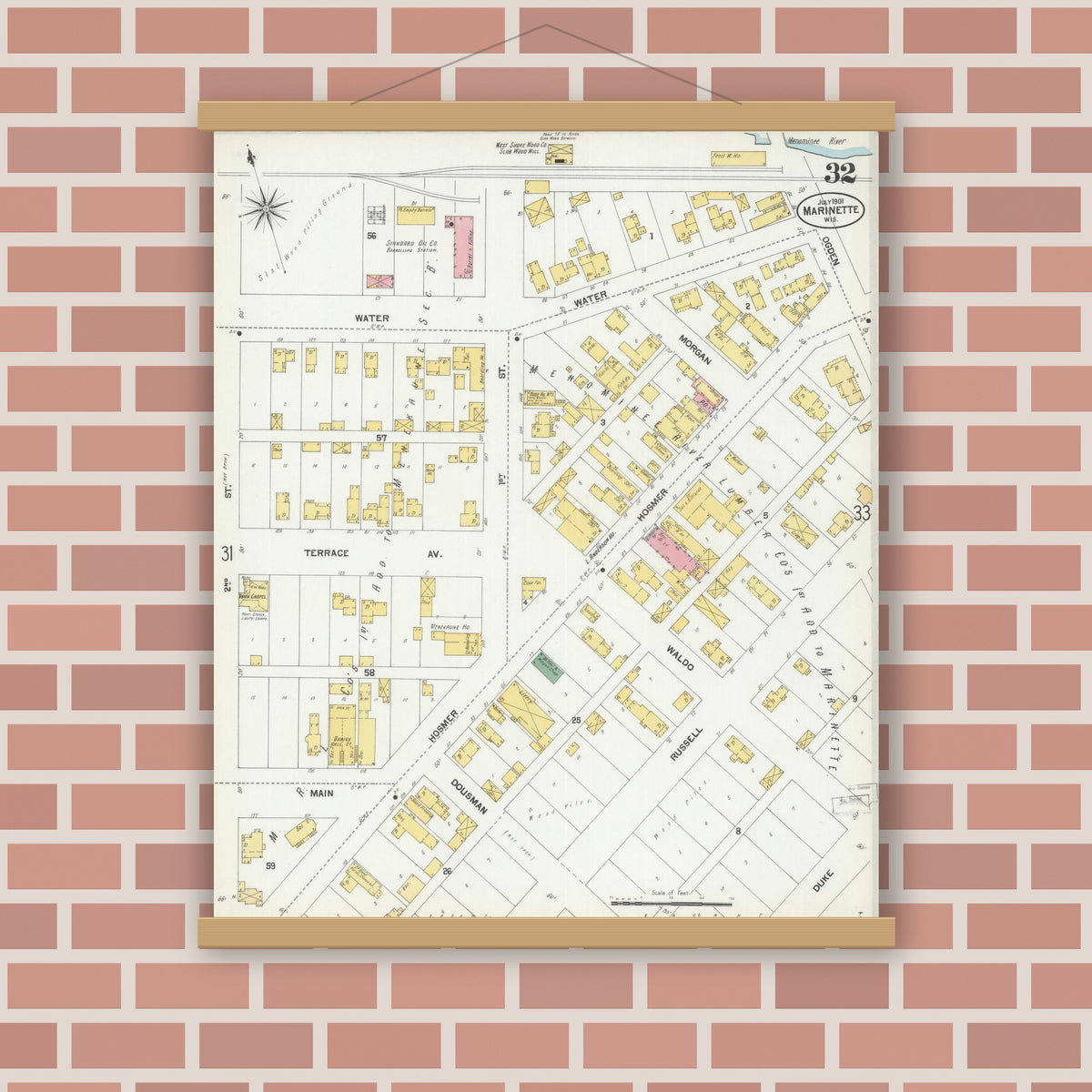 Old map wall art mockup — magnetic wood frame on brick wall — Sanborn Fire Insurance Map from Marinette, Marinette County, Wisconsin (1901), Sheet #0032