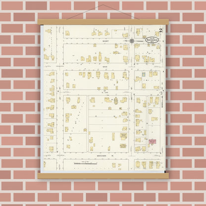 Old map wall art mockup — magnetic wood frame on brick wall — Sanborn Fire Insurance Map from Buchanan, Berrien County, Michigan (1911), Sheet #0002