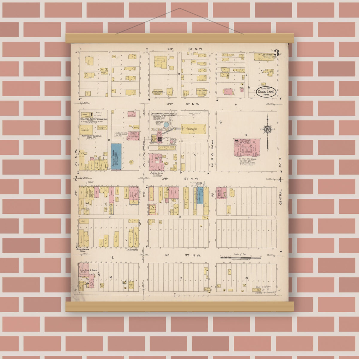 Old map wall art mockup — magnetic wood frame on brick wall — Sanborn Fire Insurance Map from Cass Lake, Cass County, Minnesota (1922), Sheet #0003