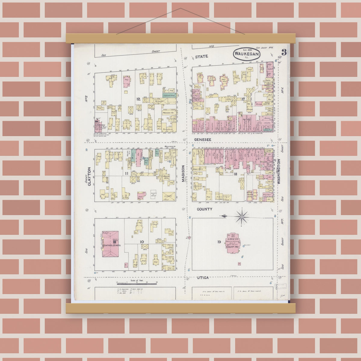 Old map wall art mockup — magnetic wood frame on brick wall — Sanborn Fire Insurance Map from Waukegan, Lake County, Illinois (1890), Sheet #0003