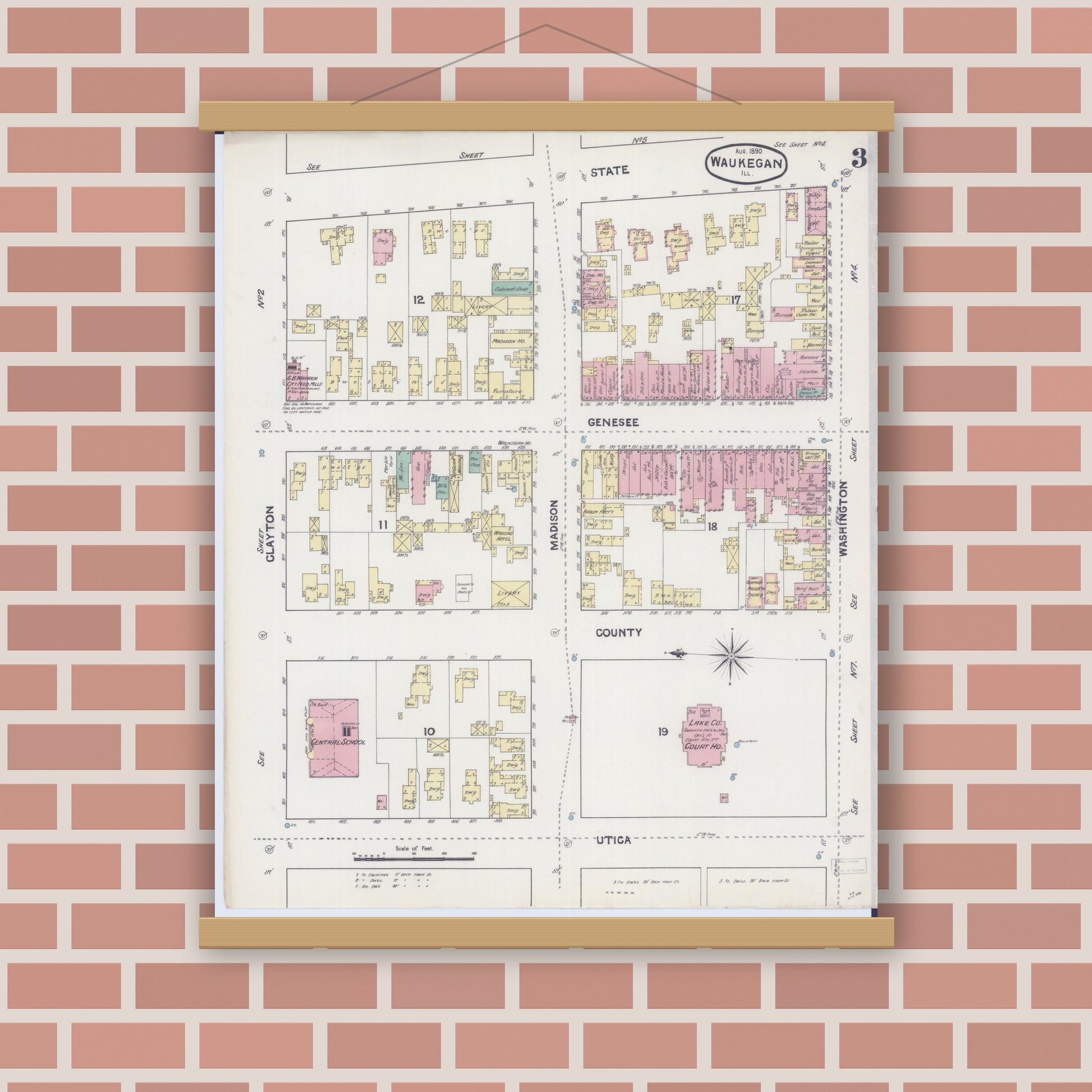 Old map wall art mockup — magnetic wood frame on brick wall — Sanborn Fire Insurance Map from Waukegan, Lake County, Illinois (1890), Sheet #0003