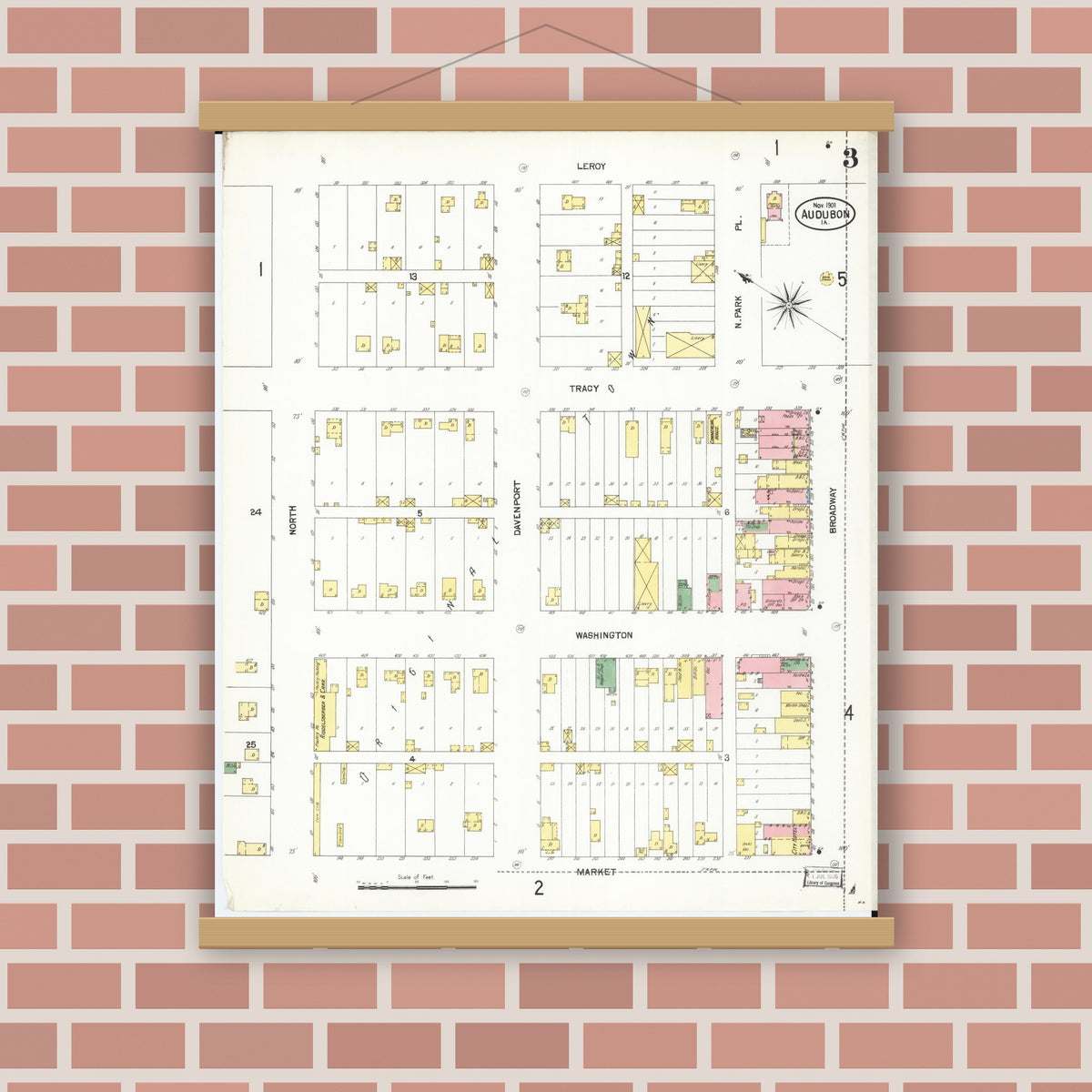 Old map wall art mockup — magnetic wood frame on brick wall — Sanborn Fire Insurance Map from Audubon, Audubon County, Iowa (1901), Sheet #0003