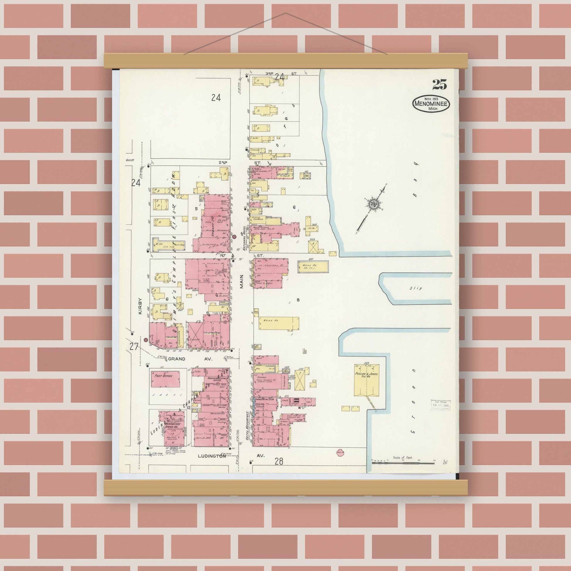 Old map wall art mockup — magnetic wood frame on brick wall — Sanborn Fire Insurance Map from Menominee, Menominee County, Michigan (1913), Sheet #0025
