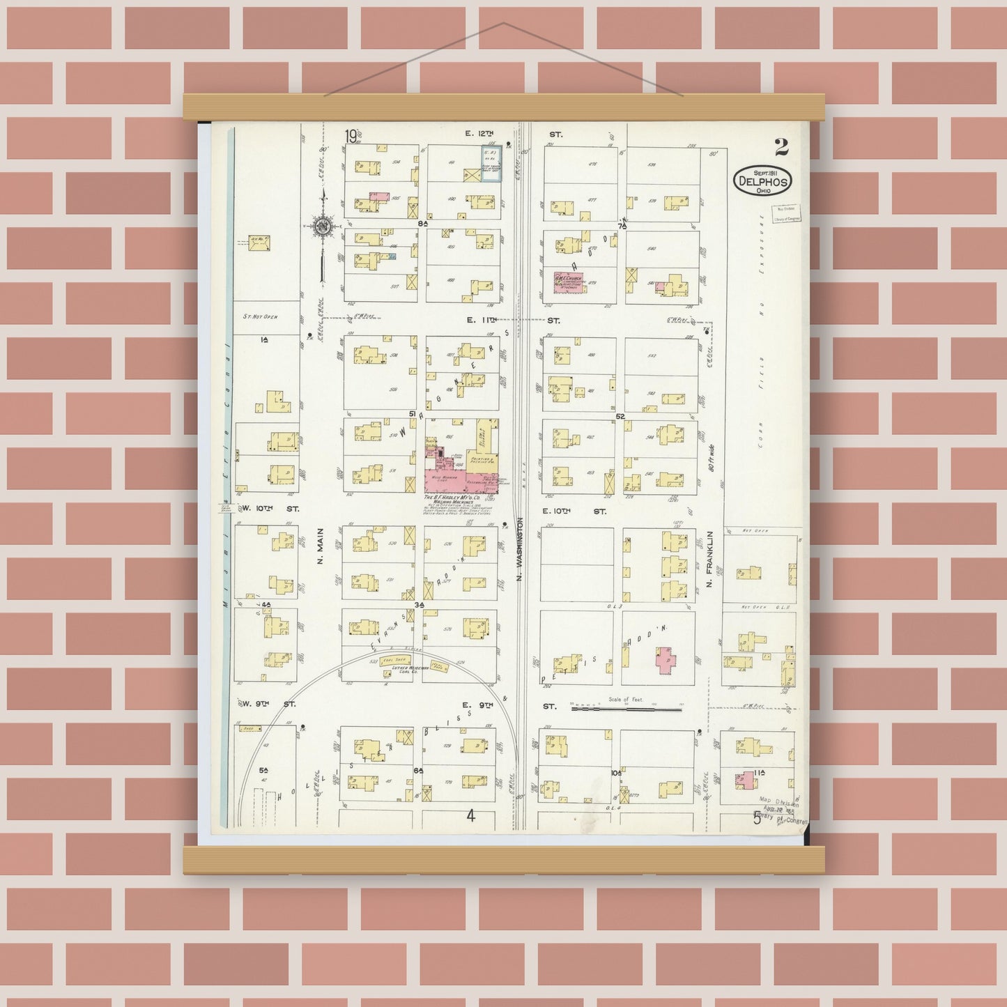 Old map wall art mockup — magnetic wood frame on brick wall — Sanborn Fire Insurance Map from Delphos, Van Wert And Allen Counties, Ohio (1911), Sheet #0002