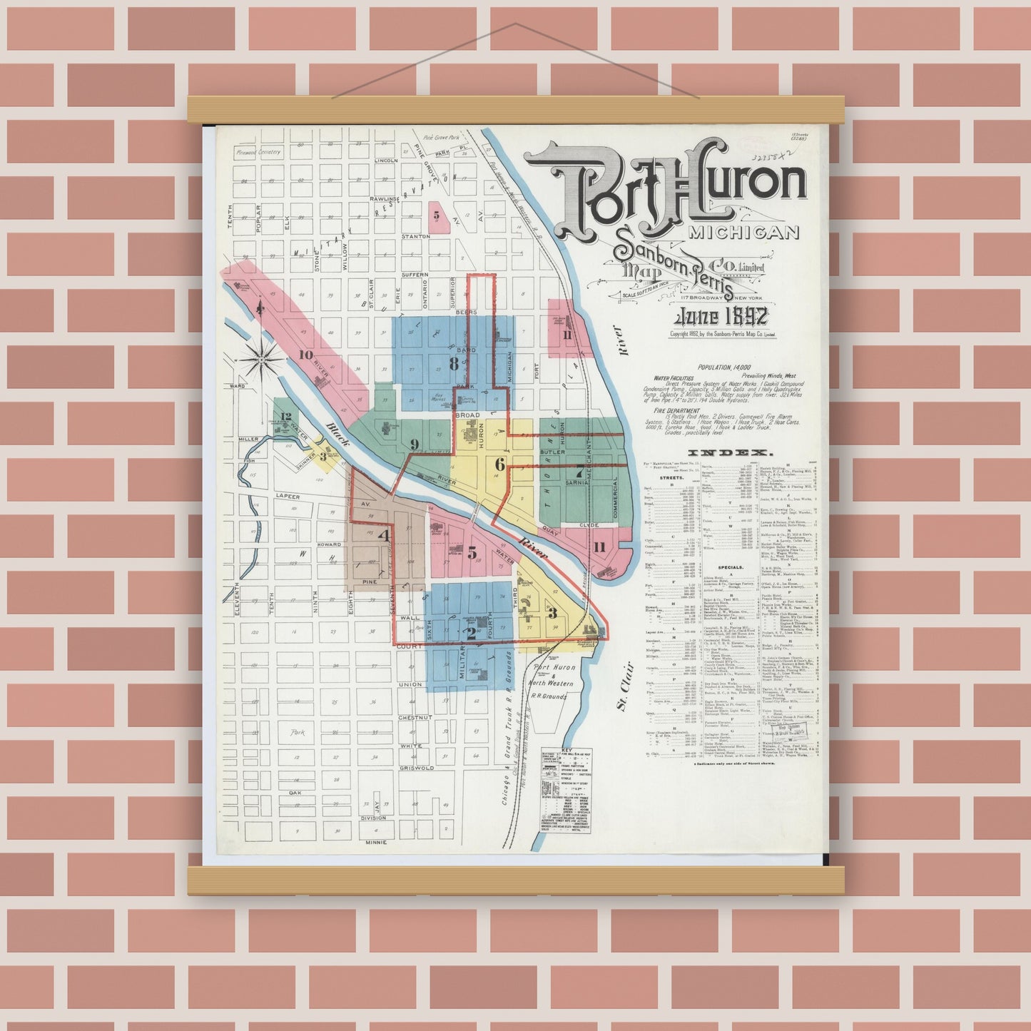 Old map wall art mockup — magnetic wood frame on brick wall — Sanborn Fire Insurance Map from Port Huron, Saint Clair County, Michigan (1892) - Complete Map Set
