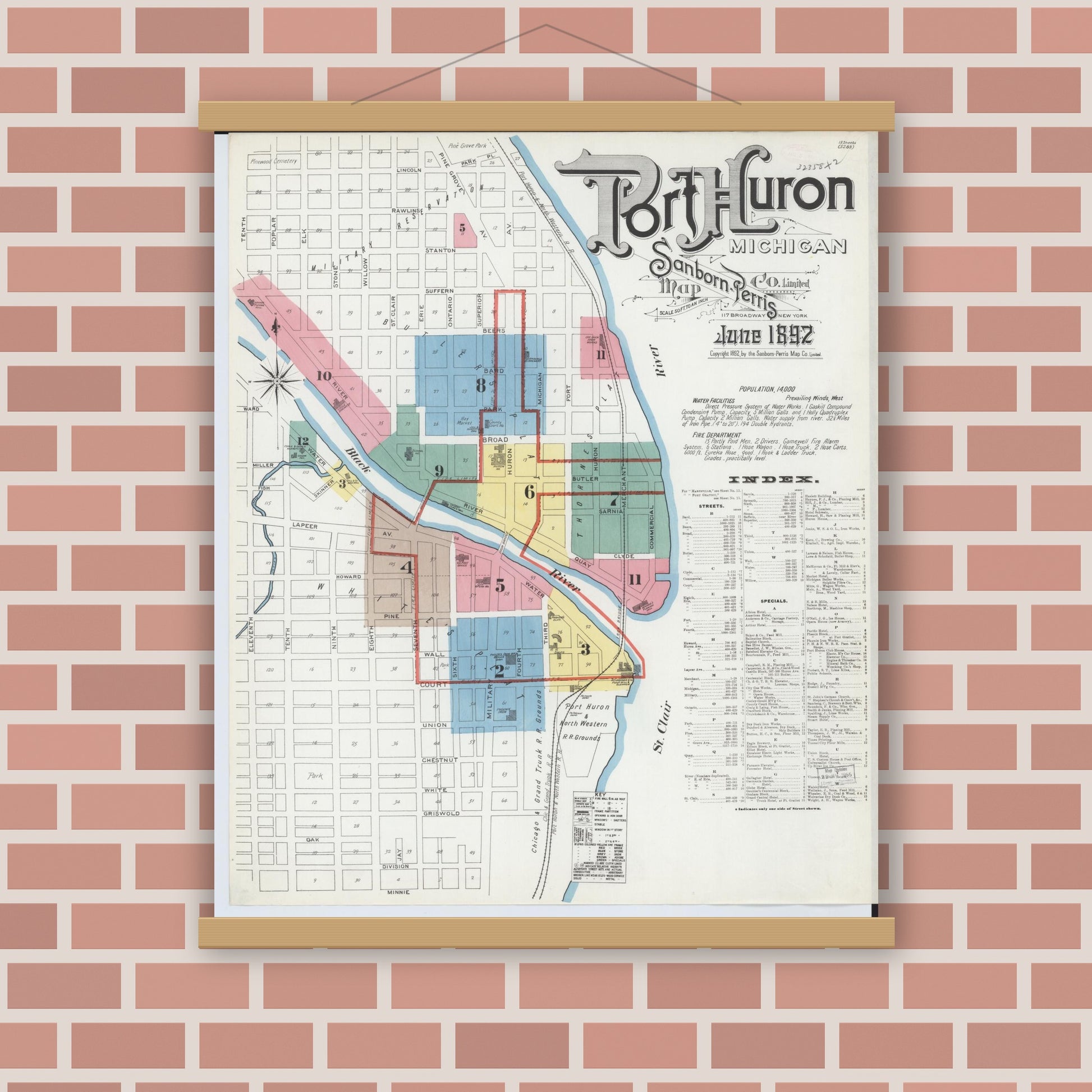 Old map wall art mockup — magnetic wood frame on brick wall — Sanborn Fire Insurance Map from Port Huron, Saint Clair County, Michigan (1892) - Complete Map Set