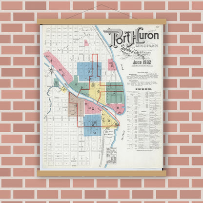 Old map wall art mockup — magnetic wood frame on brick wall — Sanborn Fire Insurance Map from Port Huron, Saint Clair County, Michigan (1892) - Complete Map Set