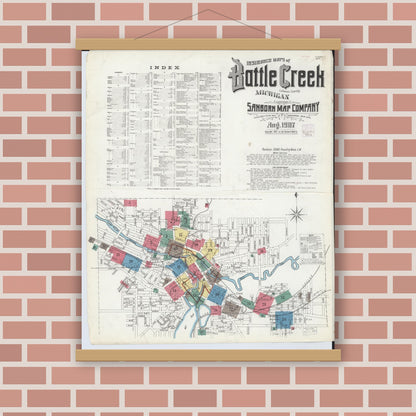 Old map wall art mockup — magnetic wood frame on brick wall — Sanborn Fire Insurance Map from Battle Creek, Calhoun County, Michigan (1907) - Complete Map Set