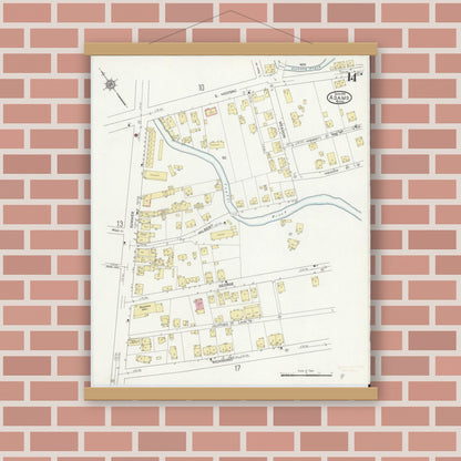 Old map wall art mockup — magnetic wood frame on brick wall — Sanborn Fire Insurance Map from Adams, Berkshire County, Massachusetts (1914), Sheet #0014