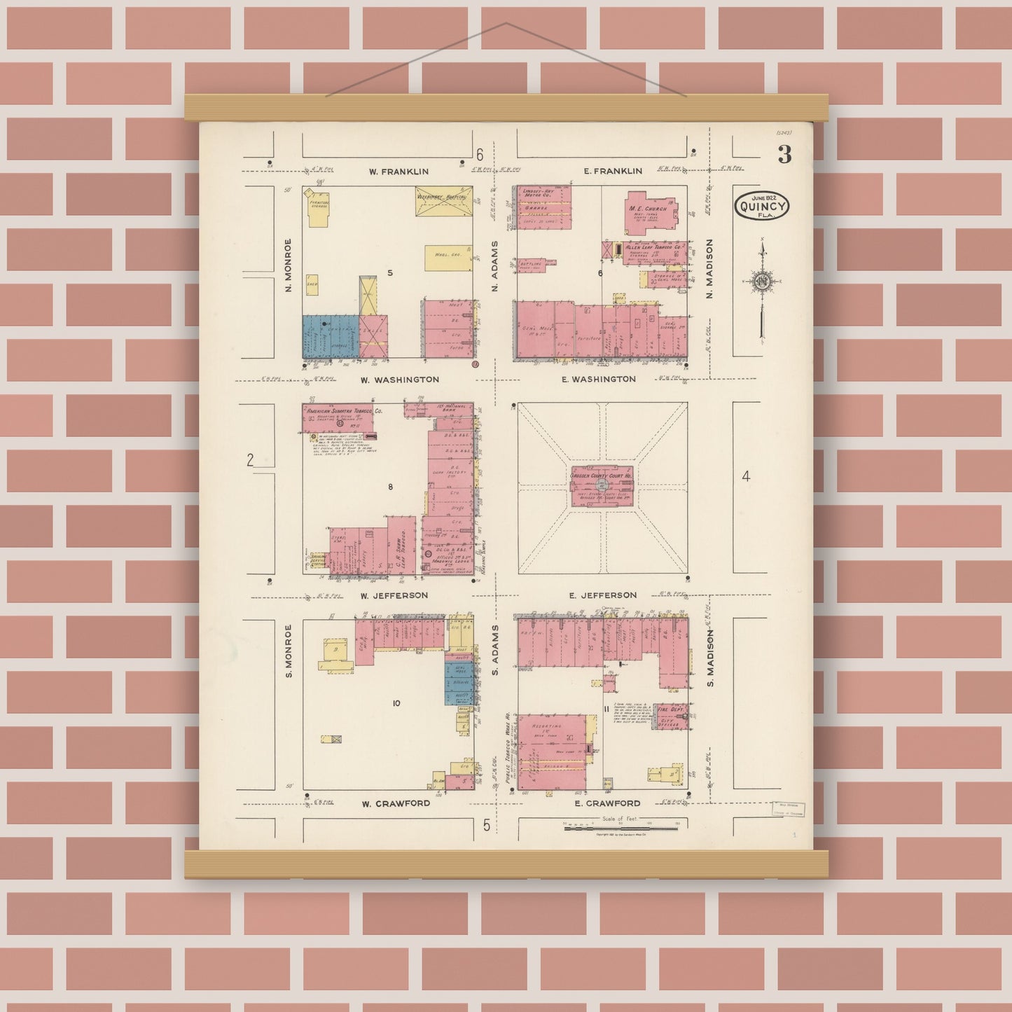 Old map wall art mockup — magnetic wood frame on brick wall — Sanborn Fire Insurance Map from Quincy, Gadsden County, Florida (1922), Sheet #0003