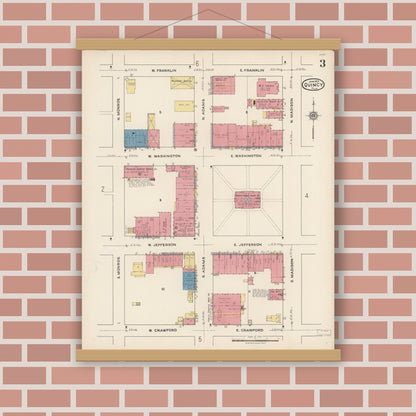 Old map wall art mockup — magnetic wood frame on brick wall — Sanborn Fire Insurance Map from Quincy, Gadsden County, Florida (1922), Sheet #0003