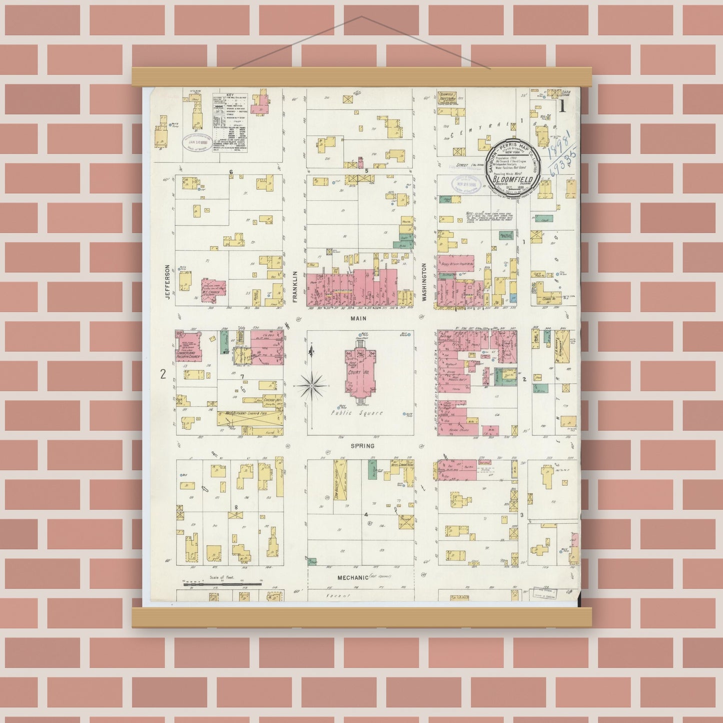 Old map wall art mockup — magnetic wood frame on brick wall — Sanborn Fire Insurance Map from Bloomfield, Greene County, Indiana (1898) - Complete Map Set