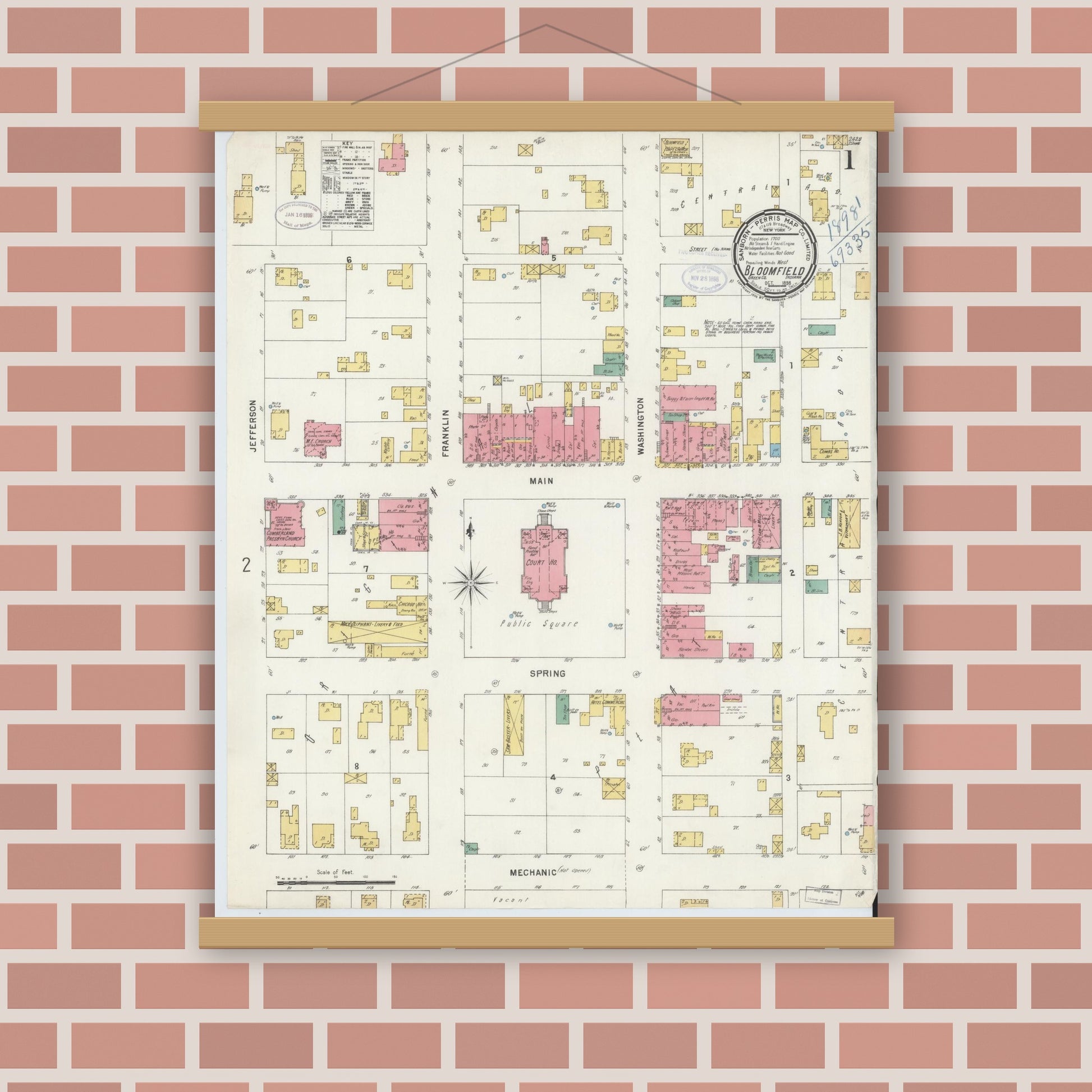 Old map wall art mockup — magnetic wood frame on brick wall — Sanborn Fire Insurance Map from Bloomfield, Greene County, Indiana (1898) - Complete Map Set