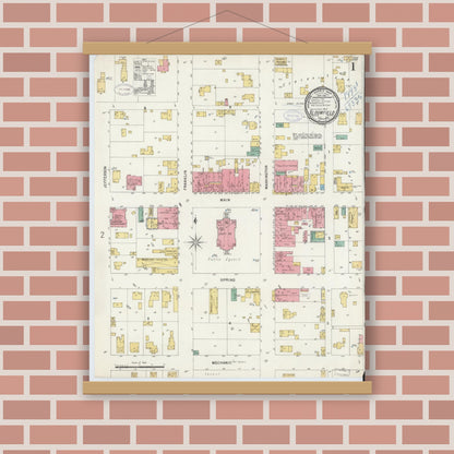 Old map wall art mockup — magnetic wood frame on brick wall — Sanborn Fire Insurance Map from Bloomfield, Greene County, Indiana (1898) - Complete Map Set