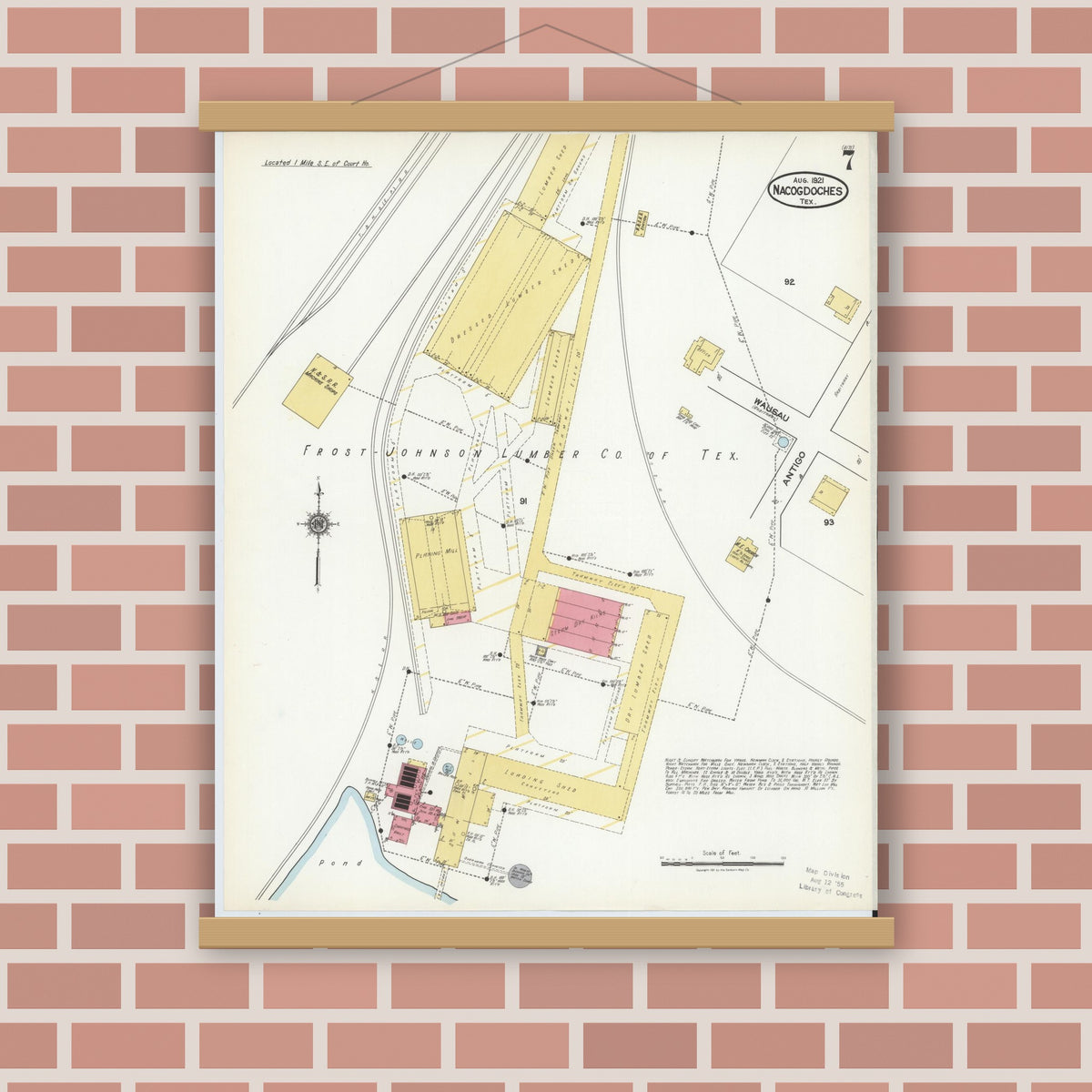 Old map wall art mockup — magnetic wood frame on brick wall — Sanborn Fire Insurance Map from Nacogdoches, Nacogdoches County, Texas (1921), Sheet #0007