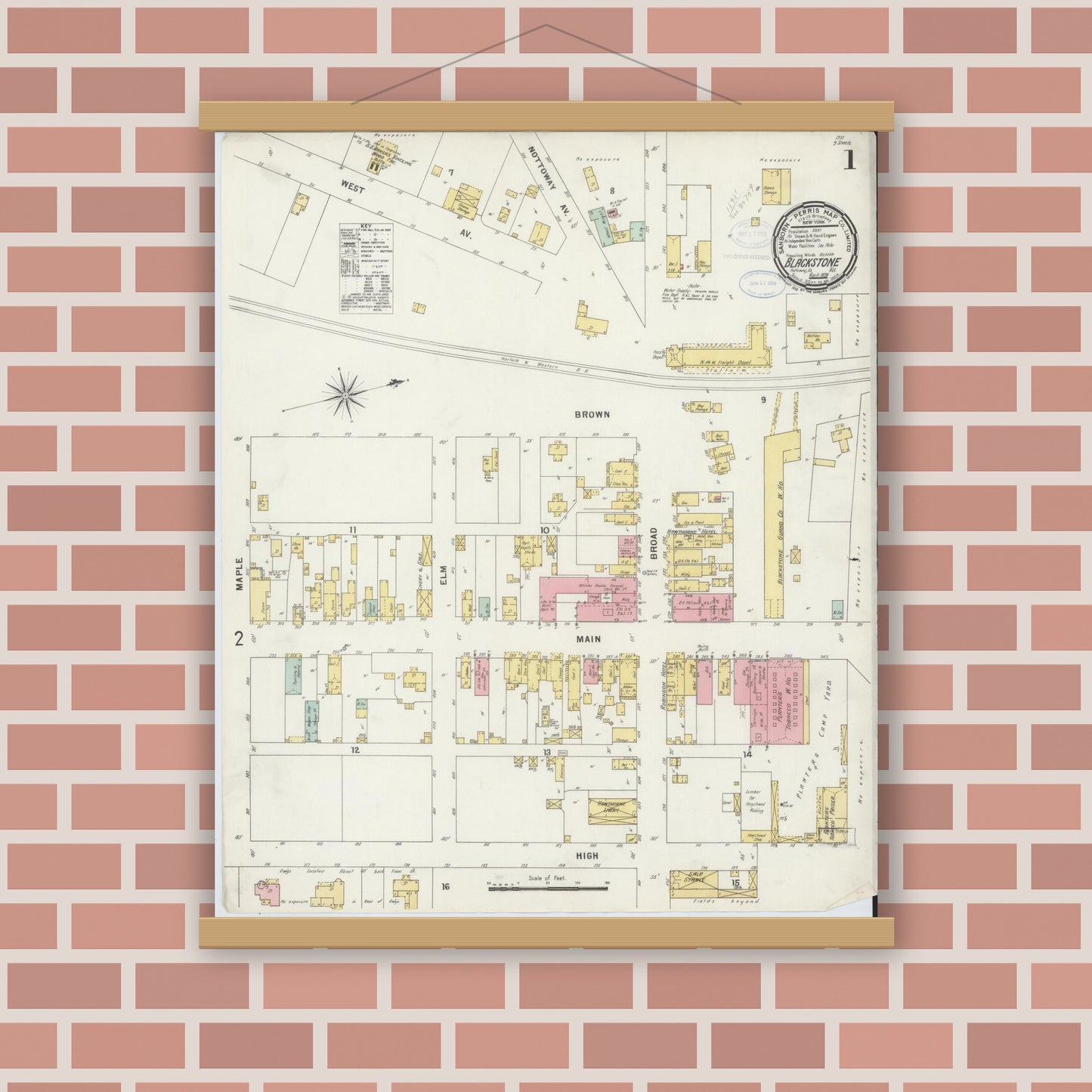 Old map wall art mockup — magnetic wood frame on brick wall — Sanborn Fire Insurance Map from Blackstone, Nottoway County, Virginia (1898) - Complete Map Set