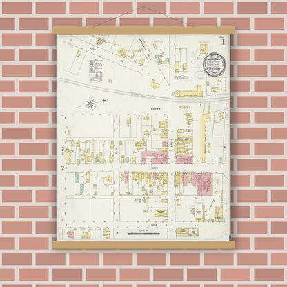 Old map wall art mockup — magnetic wood frame on brick wall — Sanborn Fire Insurance Map from Blackstone, Nottoway County, Virginia (1898) - Complete Map Set