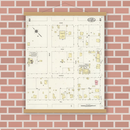 Old map wall art mockup — magnetic wood frame on brick wall — Sanborn Fire Insurance Map from Caldwell, Burleson County, Texas (1925), Sheet #0002