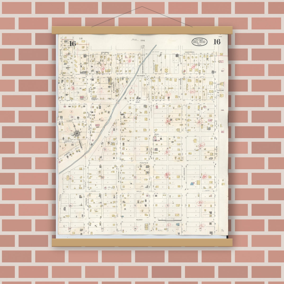 Old map wall art mockup — magnetic wood frame on brick wall — Sanborn Fire Insurance Map from Del Rio, Val Verde County, Texas (1948), Sheet #0016