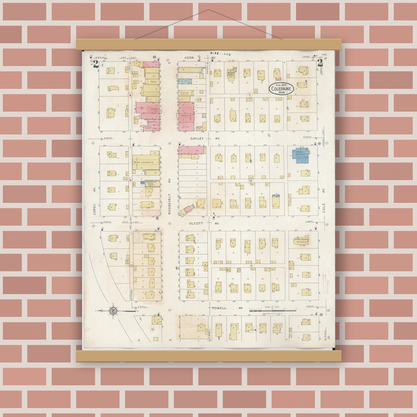 Old map wall art mockup — magnetic wood frame on brick wall — Sanborn Fire Insurance Map from Coleraine, Itasca County, Minnesota (1944), Sheet #0002
