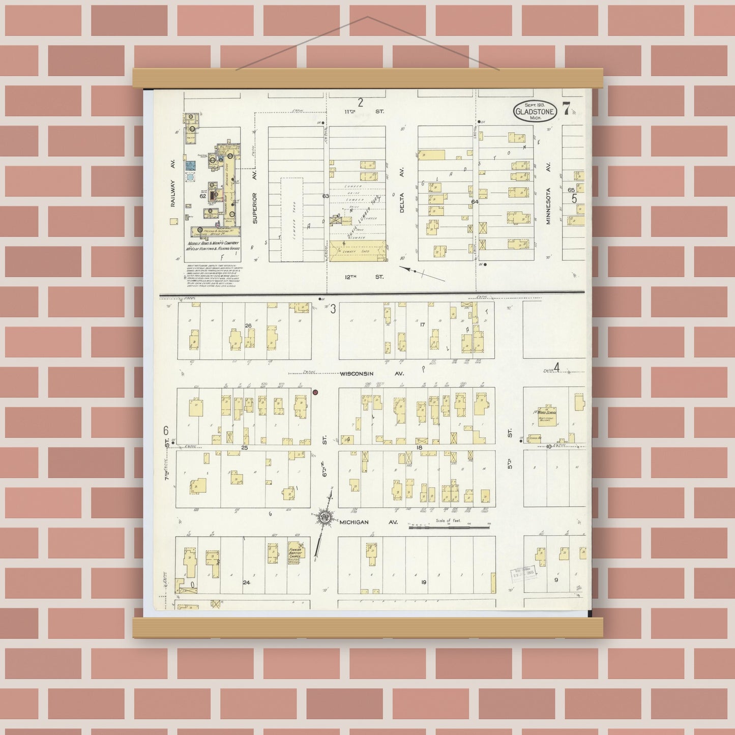 Old map wall art mockup — magnetic wood frame on brick wall — Sanborn Fire Insurance Map from Gladstone, Delta County, Michigan (1913), Sheet #0007